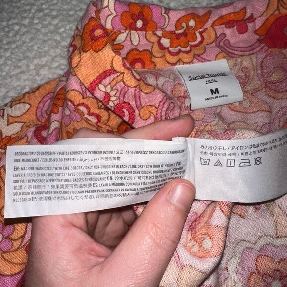 Social Tourist Groovy Retro Floral Pattern Pink Orange Collared Button Shirt Med - Picture 8 of 13